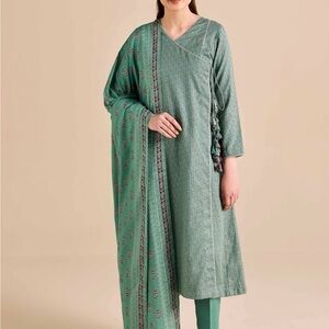 Women's Long Sleeve Green Printed Kurta Dress with Dupatta